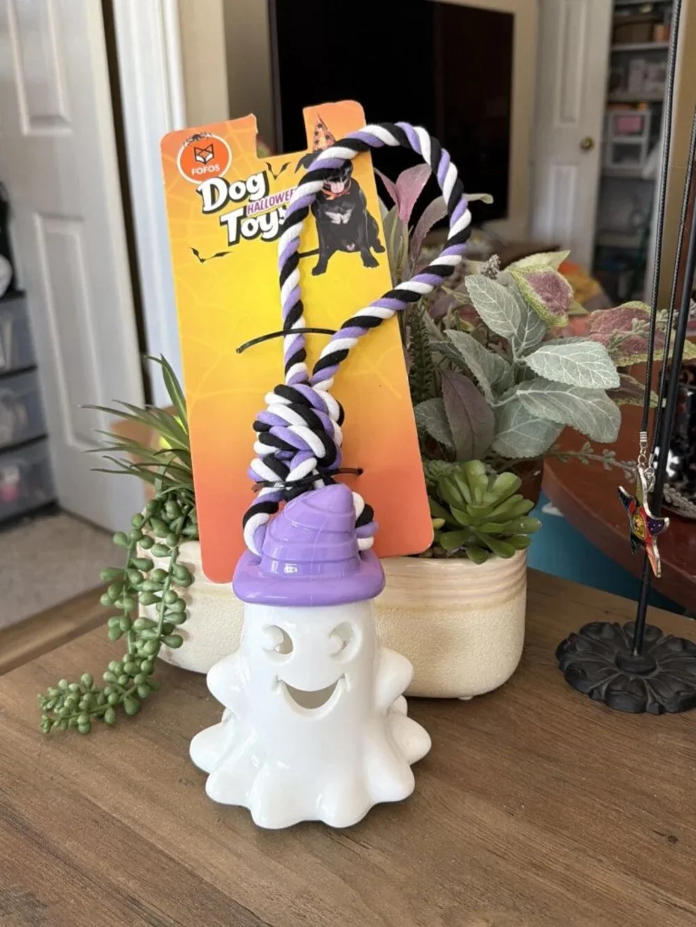 Fofos Halloween Ghost Dog Toy - Fetch Toy - Rubber/Rope - White/Purple